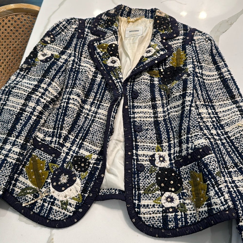 MOSCHINO Vintage Navy Blue Plaid Flowers Tweed Jacket Blazer